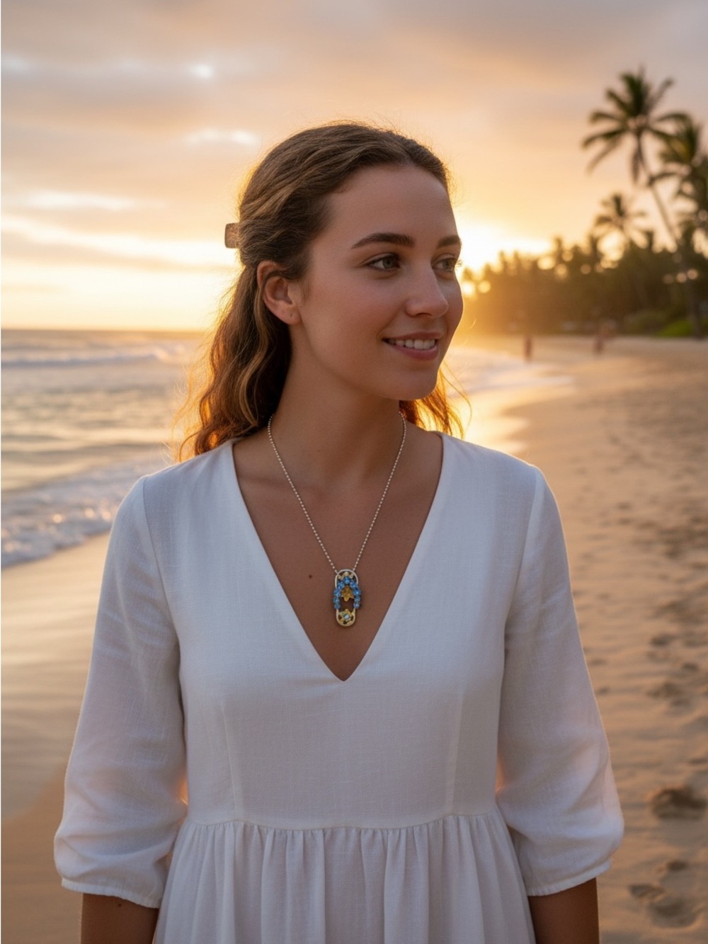 Hawaii Floral Rhinestone Pendant Necklace - Picture 4 of 6
